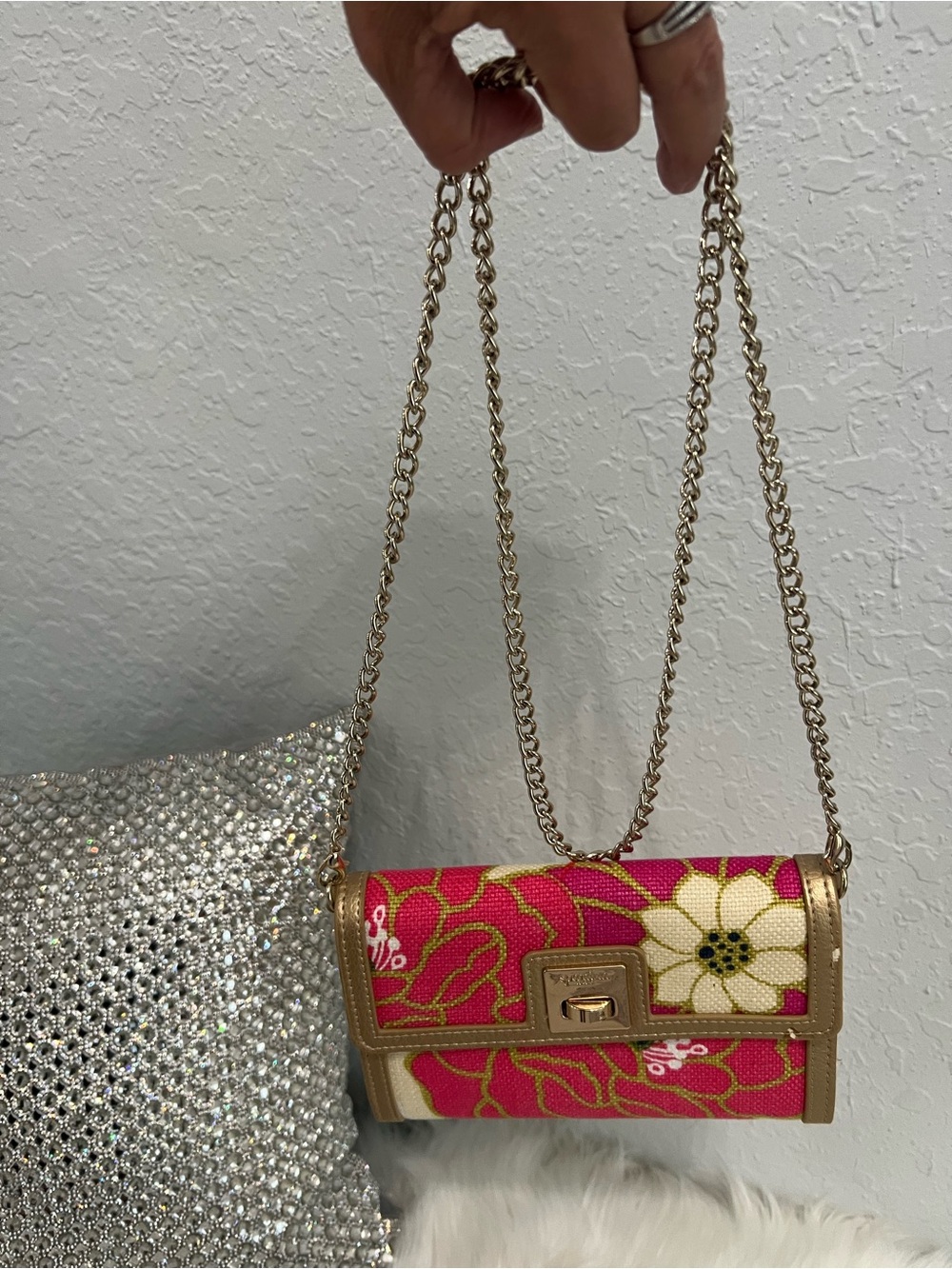 Spartina 449 Pink Floral Crossbody with Gold Trim